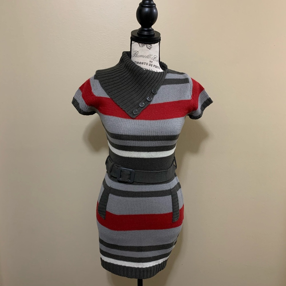 Pink Angel Gray Stripe Belted Split-Neck Sweater Dress Size Large Y2K NEW